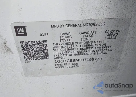 2018 Chevrolet Cruze Ls Auto из США, поврежденный, VIN 1G1BC5SM3J7196773